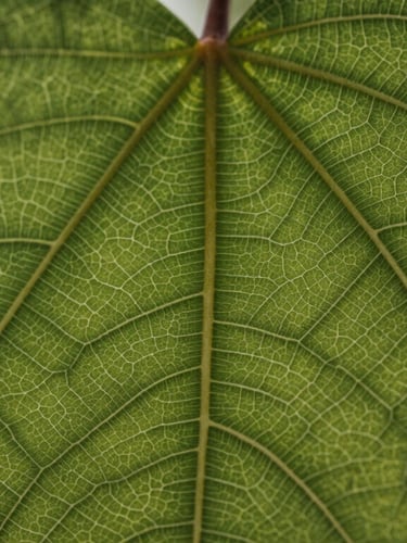 Macro close-up of natural leaf veins forming a perfect, structured grid pattern, soft overcast daylight, high-contrast details.
