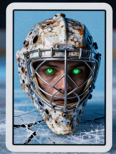 Extreme close-up of a tarot-style hockey card featuring a decaying vintage goalie mask with glowing green eyes, set against cracked dark ice and harsh blue backlighting.