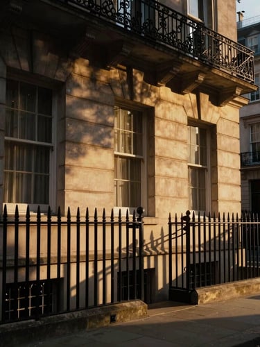Dramatic low-key 35mm photo of a historic London stone facade in Mayfair, warm golden-hour light reflecting off black iron gates, deep shadows, editorial luxury