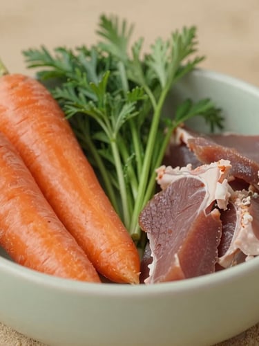 Close-up of fresh whole food ingredients for dogs, including sliced carrots, fresh herbs, and high-quality meat in a ceramic bowl, warm sand background, soft overcast daylight, shallow depth of field.
