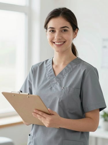 Bright editorial portrait of a smiling female physical therapist in a clean slate-gray uniform, holding a clipboard, natural diffused daylight, 35mm