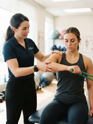 Bright editorial photography of a physical therapist guiding a patient through a precise shoulder rehabilitation exercise in a clean clinical space, natural diffused daylight, shallow depth of field