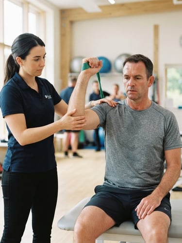 A professional physical therapist in a bright modern clinic guiding a patient through precise shoulder rehabilitation movements, diffused daylight, shallow depth of field, 35mm