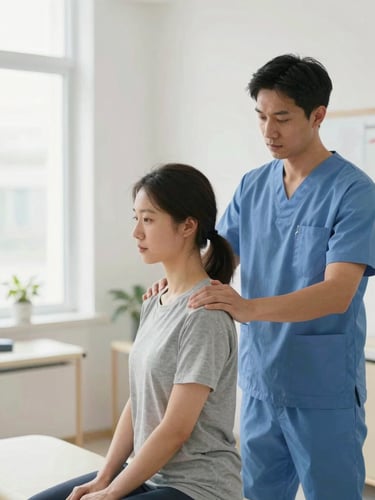 Bright editorial photography of a physical therapist guiding a patient through precise shoulder rehabilitation movements in a clean modern clinic, natural diffused daylight, shallow depth of field, 35mm