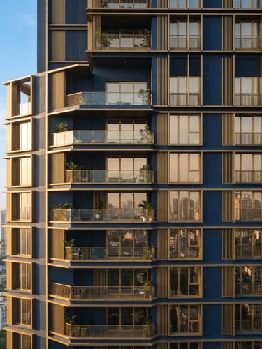 Crisp architectural detail of a modern high-rise residential building facade in Mumbai, warm brass accents on windows, sharp focus, morning light