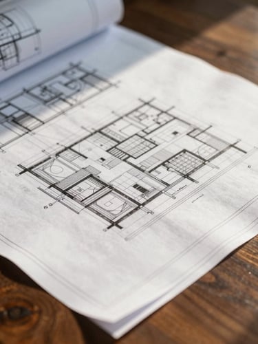 Close-up of official municipal blueprints and structural engineering documents on a dark wooden table, warm sunlight casting soft shadows, professional atmosphere