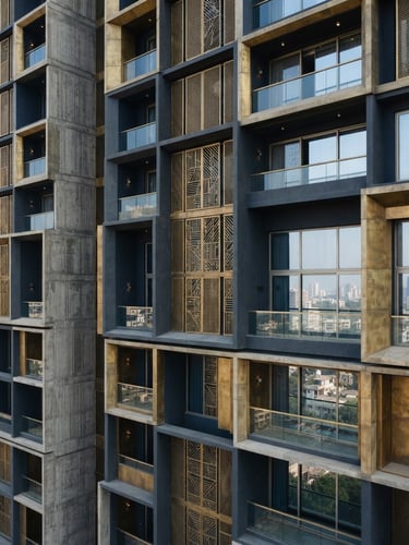 Architectural detail of a modern residential tower facade in Mumbai, sharp focus, crisp natural daylight, clean geometric concrete and brass panels, 35mm