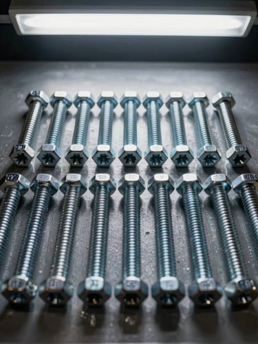 Extreme close-up overhead flat-lay of hex bolts, socket cap screws, and carriage bolts arranged in parallel rows sorted by grade and diameter on a grey steel surface, fluorescent warehouse ceiling light casting even shadows, macro detail showing thread pitch and head markings, no hands, no labels