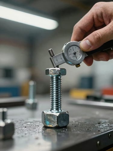 Close-up of a hand holding a stainless steel hex bolt against a metal part, measuring thread pitch with a gauge on a steel work surface, fluorescent warehouse light, no face visible, industrial context clear