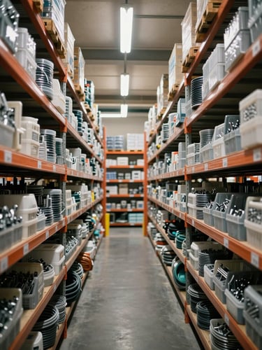 Extreme wide-angle view down a warehouse shelving aisle, fluorescent ceiling lights overhead casting honest flat illumination, densely packed fastener bins and hose coil racks receding into the background — no people, no staging, just the physical depth of organized industrial stock