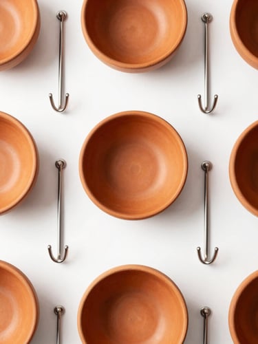 Top-down flatlay of terracotta ceramic bowls and heavy-duty steel storage hooks on a clean white backdrop, bright high-key studio lighting, sharp focus