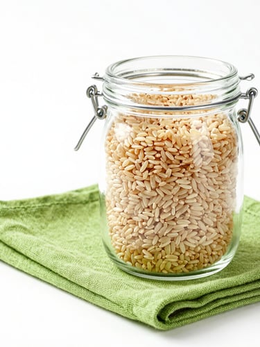 Bright high-key product photography of a clean glass jar filled with organic brown rice next to a modern green linen napkin, crisp white backdrop, sharp focus, 50mm lens