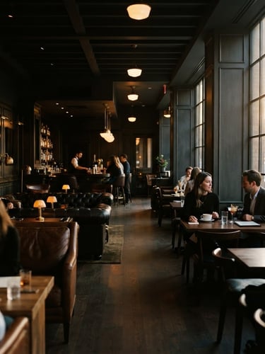 Wide shot of a luxurious cafe interior transitioning into a lounge, featuring dark wood, rich leather seating, and subtle gold accents, illuminated by warm golden hour light from large windows on the right, shallow depth of field, moody editorial photography.
