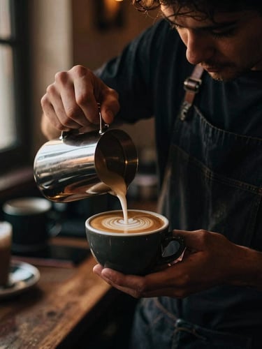 Portrait-oriented, moody editorial photograph of a barista's hands expertly pouring latte art into a ceramic cup, warm golden hour light streaming from a window, shallow depth of field, rich espresso brown tones, 35mm film