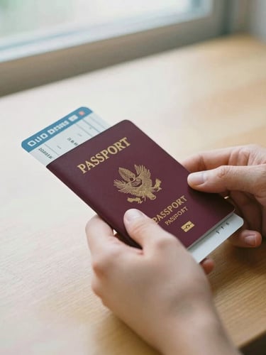 Close-up of hands holding a passport and boarding pass over a clean wooden table, soft overcast daylight, shallow depth of field, 35mm film aesthetic.