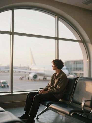 A serene traveler sitting by a large arched window in a quiet airport lounge, soft natural golden hour light, warm editorial tones, 35mm film aesthetic.