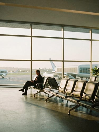 Wide panoramic shot of a quiet, luxurious airport lounge at golden hour, soft light streaming through massive glass windows, a single traveler sitting peacefully in the distance, negative space on the left, 35mm film aesthetic, warm editorial photography.