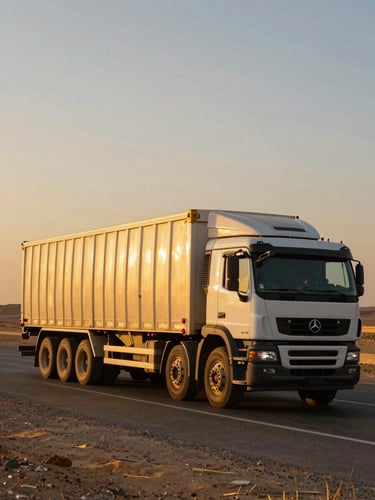 A commercial freight truck driving on a desert highway in Egypt, dramatic golden hour light, high contrast, sharp industrial look