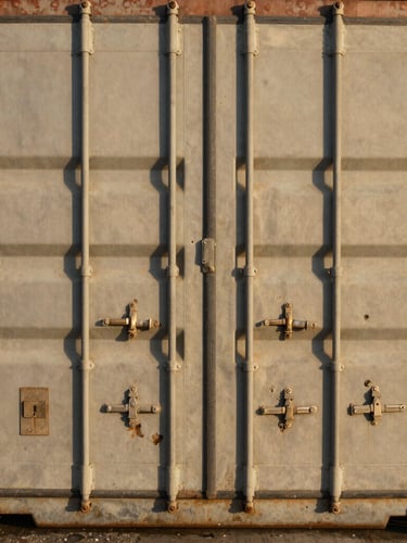 Close-up of secured shipping containers with heavy metal locks, industrial morning light, sharp details, rich saturated tones