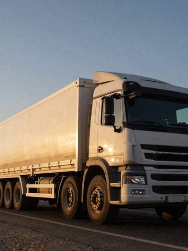 Low-angle heroic shot of a commercial freight truck on an Egyptian desert highway under dramatic morning light, high-contrast sharp industrial photography