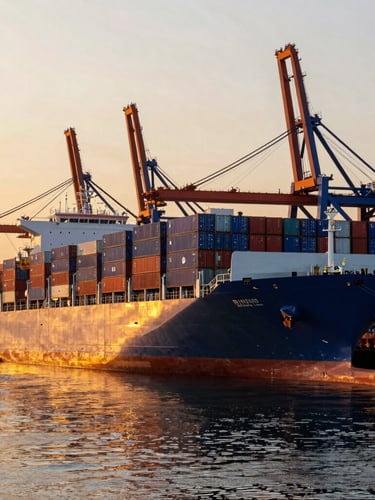 A sharp wide-angle industrial photograph of a massive container ship docked at Alexandria port during golden hour, rich saturated sunset tones reflecting off the water, stacks of blue and red shipping containers, heavy cranes in the background.