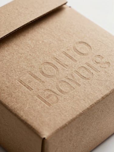 Macro studio shot of premium embossed cardboard packaging under clean, diffused daylight, highlighting crisp typography and tactile paper textures.