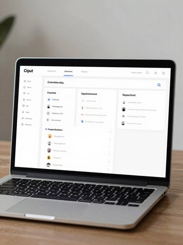 High-fidelity UI mockup of a clean dashboard interface framed in a sleek metallic laptop body, bright daylight studio lighting.