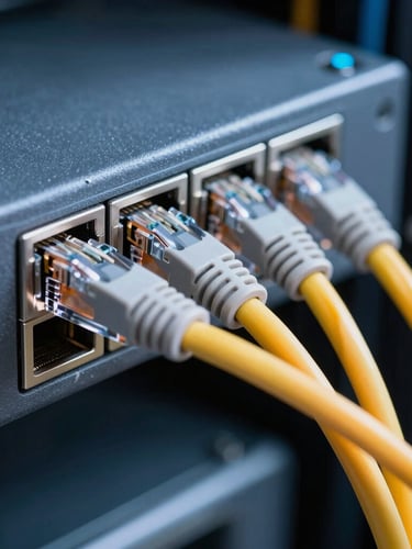 Macro close-up of category-6 ethernet cabling neatly routed into a high-capacity switch, cool technical lighting, sharp focus, 35mm