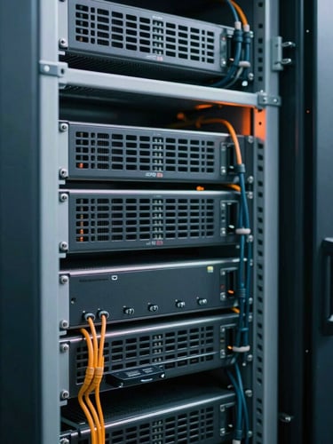 Portrait orientation, close-up of neatly organized server racks with immaculate cabling, cool crisp technical lighting, subtle orange glow, 35mm