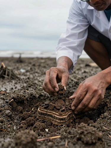 A researcher in West Kalimantan taking a soil core sample from deep within the dark mangrove mud, overcast coastal light, macro shot of sediment layers.