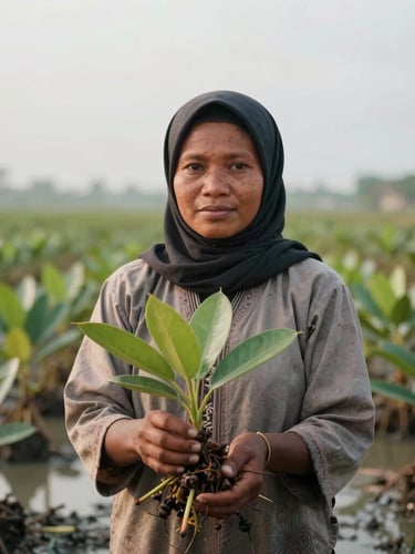 Documentary portrait of a West Kalimantan community nursery worker handling mangrove seedlings in a coastal nursery, soft overcast morning light, shallow depth of field.