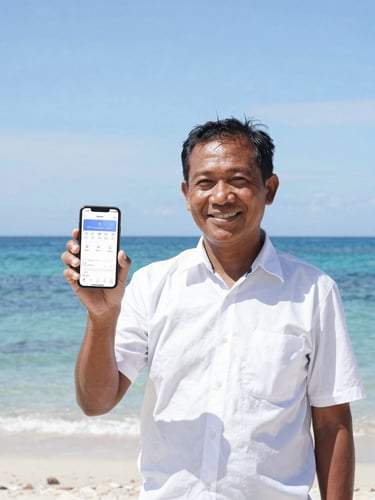A local Papuan business owner smiling in a bright, sunlit coastal market in Sorong, holding a smartphone showing a clean app interface, 35mm editorial photography