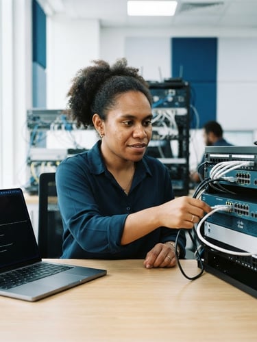 Medium portrait of a Papuan tech professional working with network routers and modern laptops in a bright studio, deep sea blue tones, clean composition