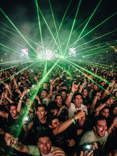 Extreme wide-angle shot of a massive crowd in Santiago under green laser beams, dust and smoke in the air, ecstatic faces, concert photography style