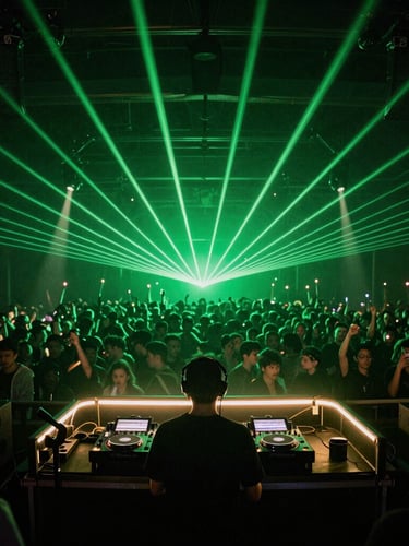Dynamic vertical portrait of a DJ performing behind a futuristic glowing booth, surrounded by dense green laser beams and strobe lights, massive crowd blurred in the background