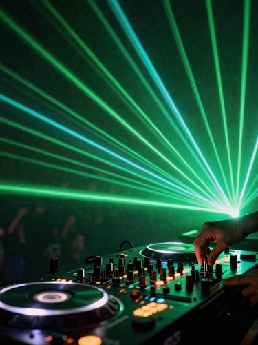Close-up of a professional DJ controller under neon green and cyan strobe lights, hands adjusting knobs, intense laser beams reflecting on metallic surfaces, dark club atmosphere.