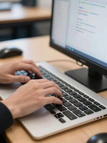 Close-up of hands typing on a high-contrast, accessible keyboard layout in a brightly lit London classroom, focused on a screen displaying simplified code.