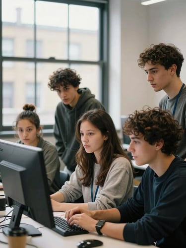 Medium-close shot of diverse young Londoners collaborating around a screen in a bright East London community tech lab, natural daylight from a large window, unposed and focused expressions.