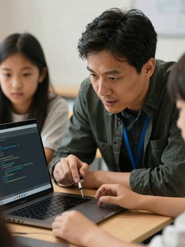 Close-up of hands-on learning, an experienced mentor guiding a local student through a machine learning script on a laptop, warm indoor community space lighting.