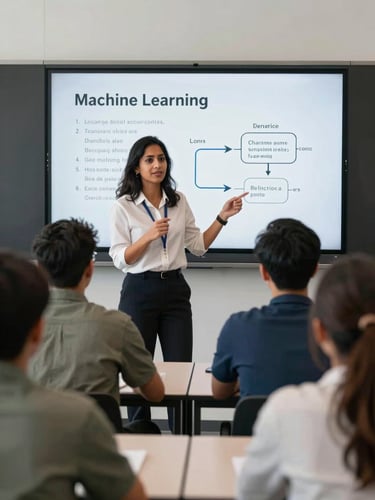 A portrait photo of a female instructor of South Asian descent explaining machine learning logic on a screen to a diverse group of young adults in a modern Stratford classroom.