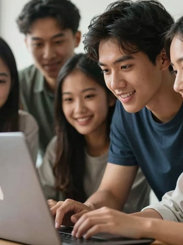Close-up of a diverse group of students collaborating over a laptop screen, natural lighting, genuine expressions.