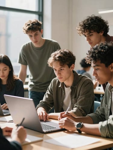 A diverse group of young adult students collaborating over a laptop in a bright, modern East London community space, natural daylight streaming in.