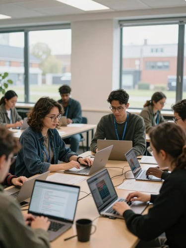 A diverse group of adult learners in a brightly lit Stratford community center collaborating over a machine learning workshop, natural overcast daylight from large windows.
