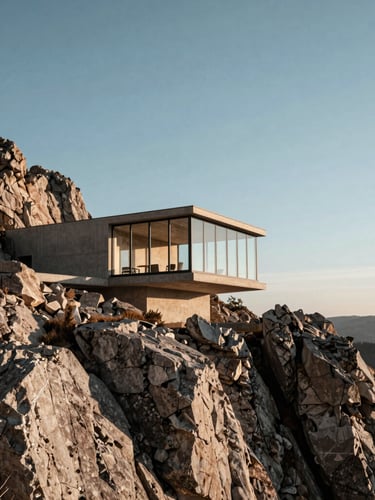 Wide panoramic shot of a raw concrete and glass pavilion nestled in a rugged cliffside, low-angle evening sun casting long dramatic shadows, expansive sky