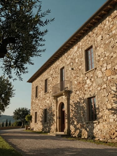 Cinematic wide-angle shot of a 17th-century stone estate in Tuscany, low-angle morning light casting long shadows across hand-carved limestone walls, ancient olive trees framing the left third.