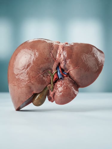 Professional medical illustration of a healthy liver, clean clinical background with soft teal and blue tones, bright high-key studio lighting, 35mm