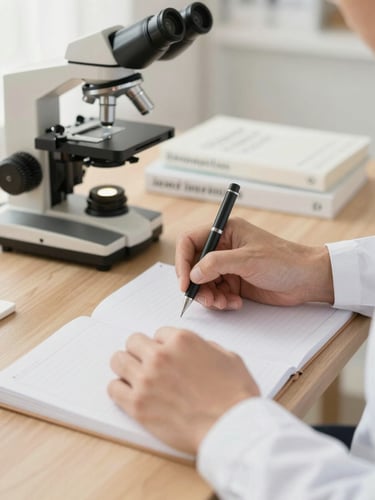 Manos de un profesional escribiendo notas en un cuaderno junto a un microscopio y libros de farmacología, luz natural suave, enfoque en las manos y los detalles clínicos.