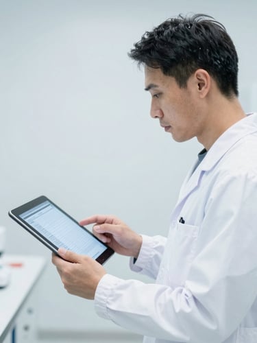 Professional medical pathologist in clean white scrubs standing in a high-key sterile laboratory, holding a secure digital tablet showing clean medical reports, sharp focus.