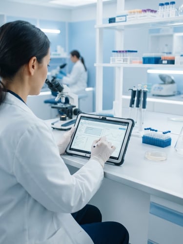 Over-the-shoulder shot of a clinical coordinator typing on a secure tablet interface in a bright, white-balanced laboratory setting, soft blue accents.
