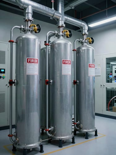 Wide shot of a modern clean agent fire suppression system cylinder bank in a pristine electrical room, sharp technical focus, dramatic industrial lighting